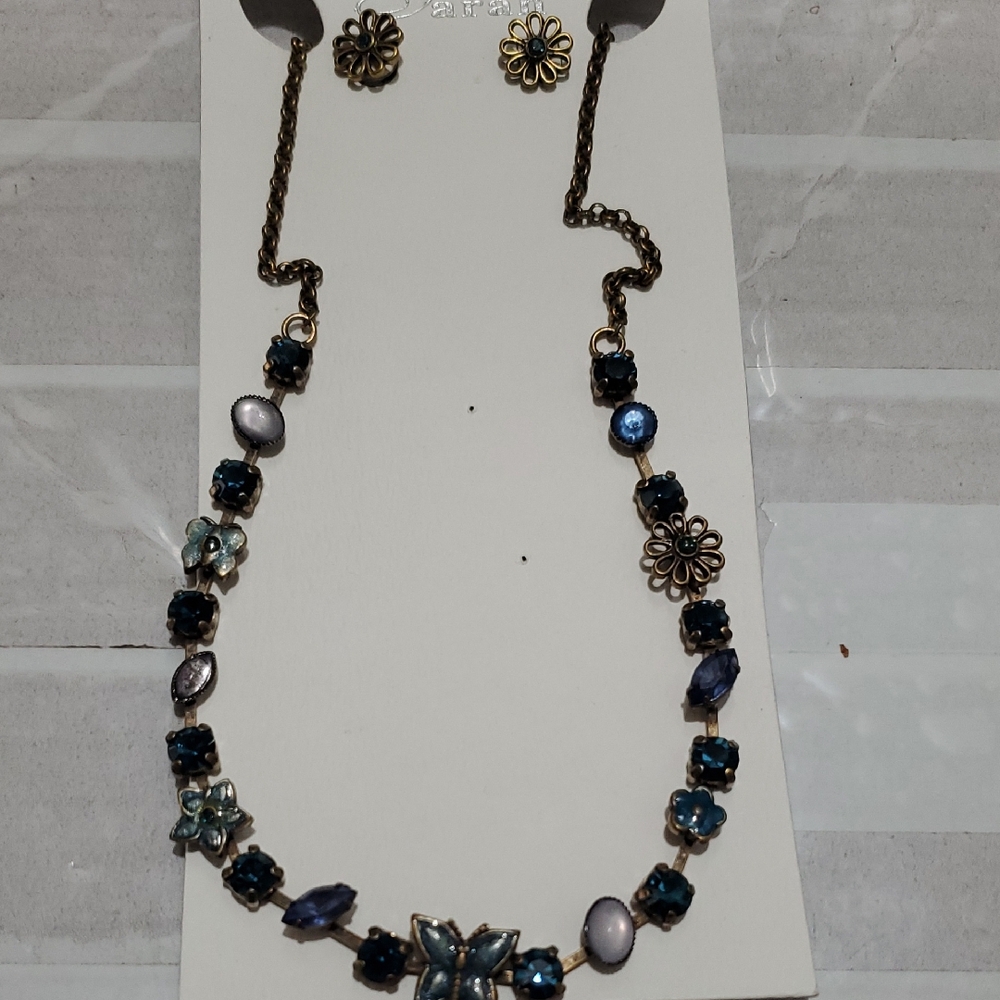 SARAH Elegant Blue and Gold Floral Necklace and Earring Set
